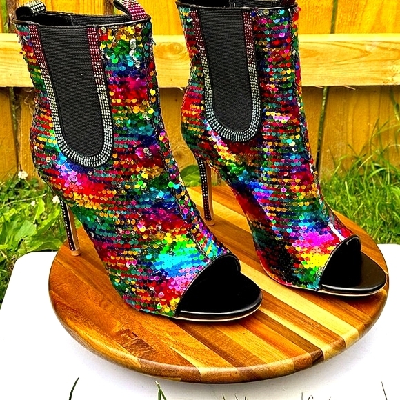 Cape Robbin Beam Open Toe Multicolor Sequin High Heel Booties - Picture 1 of 11